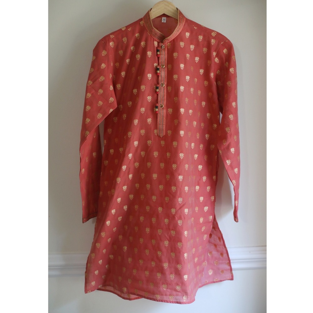 Boys Kids Indian Kurta Shirt Coral Pink Gold Foil Size 12 Eid Diwali Wedding